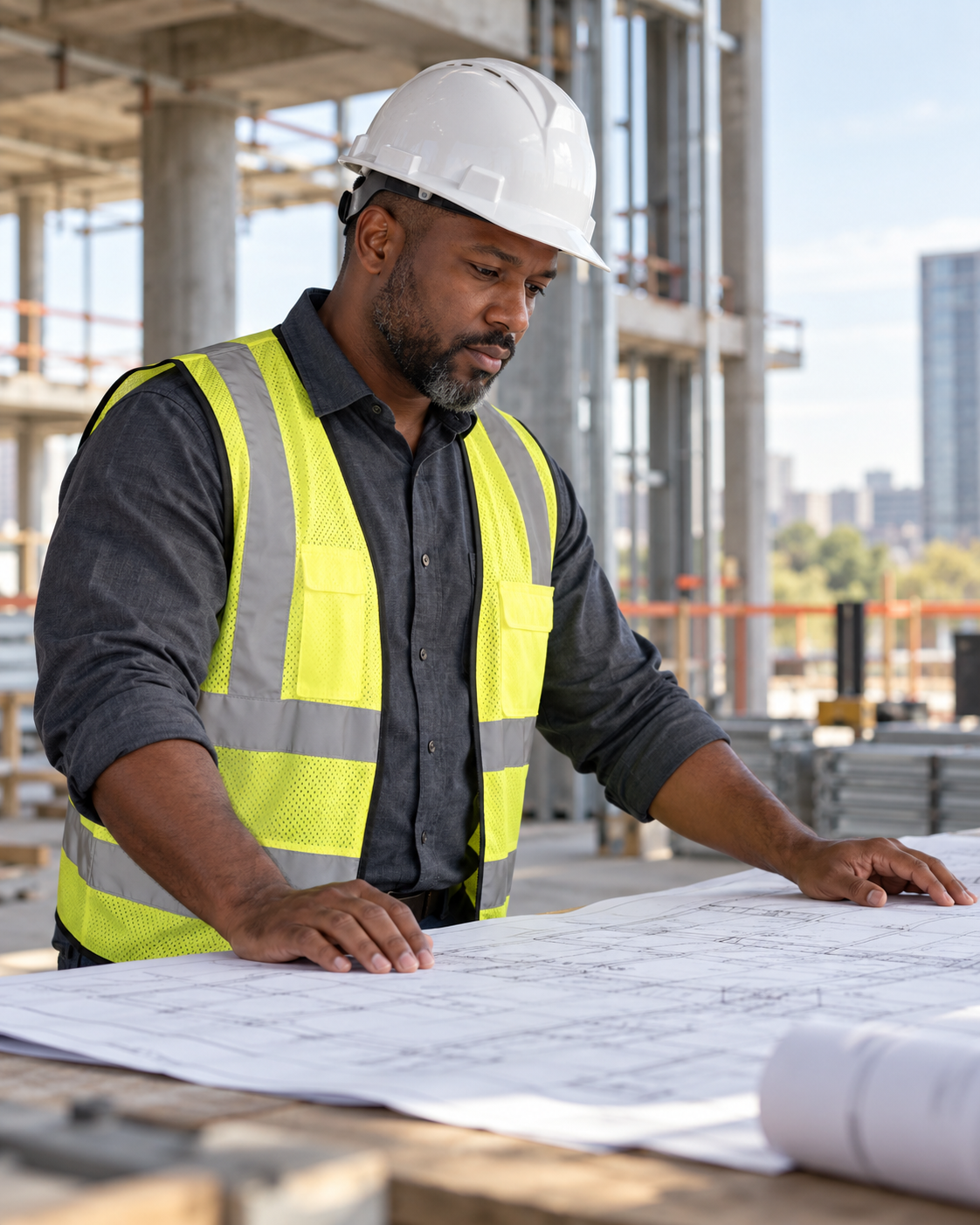 Black construction professional reviewing drawings at a commercial construction site