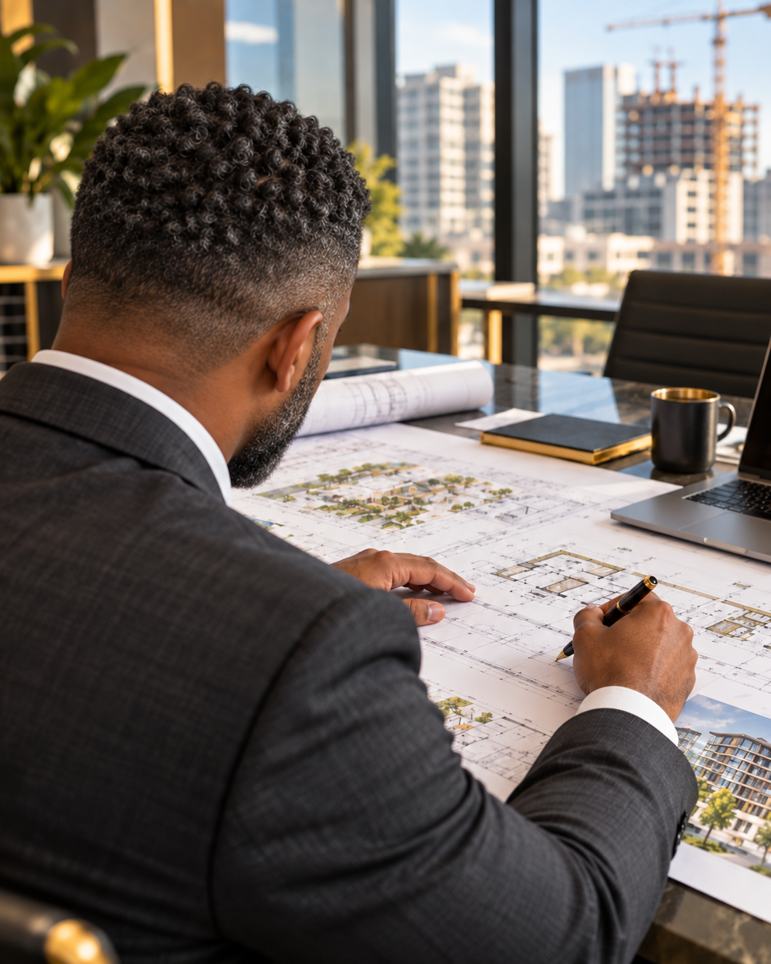 Over-the-shoulder view of a Black construction consultant reviewing architectural plans in an office